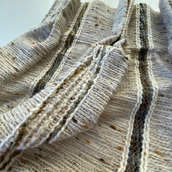 Vintage 1970s pleated curtains, beige & blue striped, pair of woven panels - Picture 6 of 9